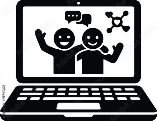 Online Communication Icons on Laptop Social Network,
Simple illustration of two smiling people chatting on a laptop screen, representing online communication, social networking, teamwork, and digital 