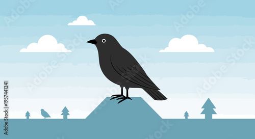 Flat design illustration of a black bird perched on a hill, set against a serene light blue sky with minimalistic clouds and trees.