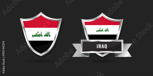 Obraz na plátně High-quality 3D metallic shield and ribbon featuring the national flag of Iraq, designed for high-end digital branding, international icons, and patriotic identity