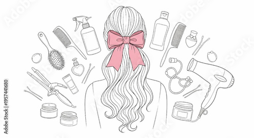 Long Wavy Ponytail Woman with Hair Accessories and Salon Tools – Elegant Beauty Line Art Illustration Set
