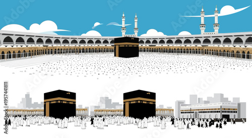 Vector illustration capturing the spiritual essence of the Grand Mosque in Mecca with the holy Kaaba at its center, bustling with devoted worshipers