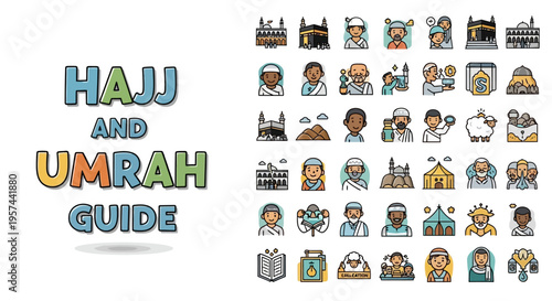 Comprehensive collection of Hajj and Umrah pilgrimage icons, illustrating key elements for an Islamic travel guide and rituals