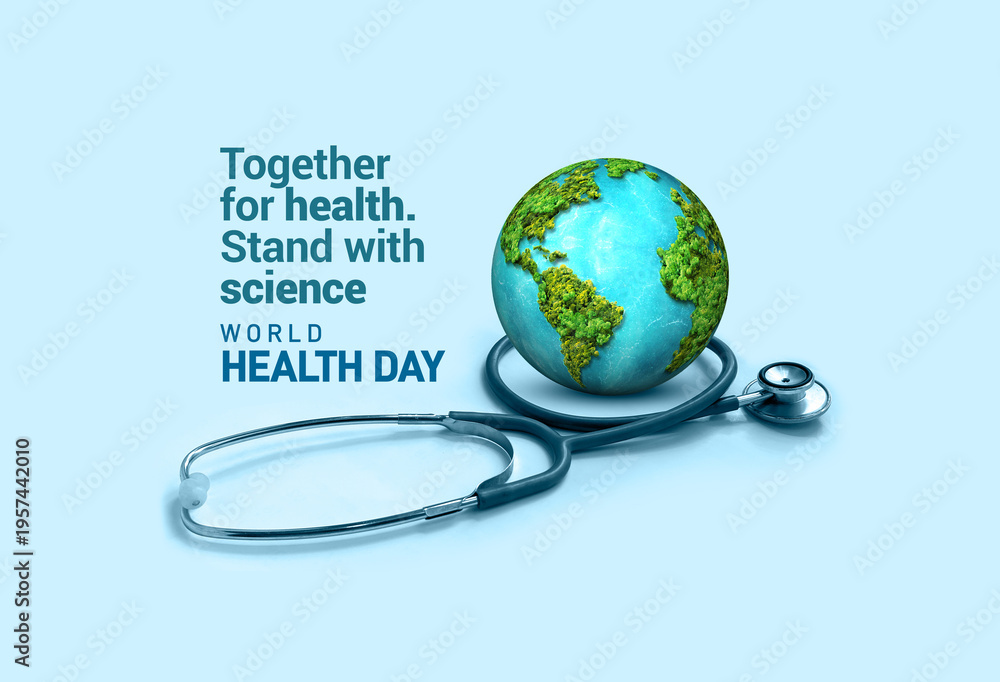 Fototapeta premium Together for health. Stand with science. World Health day concept 3d background. World health day concept design with doctor stethoscope.