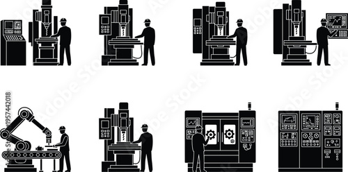 Modern industrial automation and CNC machining vector illustrations featuring workers operating advanced manufacturing equipment, robotic arms, 