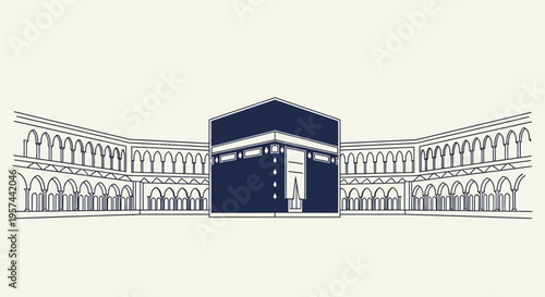 Vector illustration of the revered Kaaba, a central sanctuary for Islamic faith and a destination for spiritual pilgrimage in a grand courtyard
