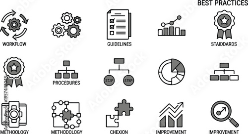 Flat design workflow optimization icons with guidelines, procedures, and improvement concepts for business processes