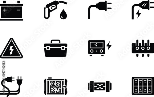 Set of twelve black electrical and mechanical icons including battery, fuel pump, power plugs, hazard warning, toolbox, circuit board, radiator, fuse, and control panel