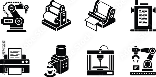 Set of industrial and office machinery icons including robotic arms, CNC machine, 3D printer, coffee maker, desktop printer, and large-format printing equipment