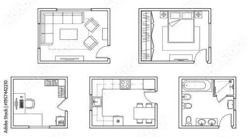 Furniture Layout Floor Plan Set – Interior Room Arrangement CAD Style Living Bedroom Kitchen Design