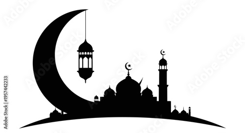 Elegant Islamic Celebration Crescent Moon Mosque and Lantern Silhouette Design