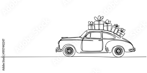 continuous one line drawing Vector illustration of a car with gifts on top
