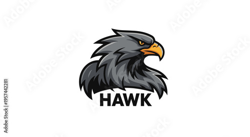 Powerful hawk head mascot illustration with sharp beak and intense eyes, majestic predatory bird graphic design.