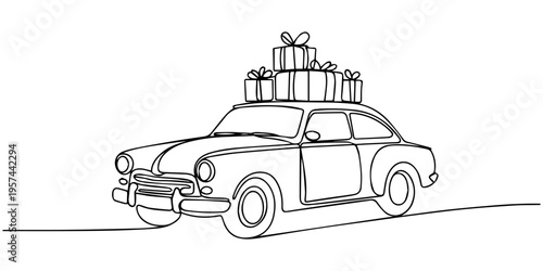 continuous one line drawing Vector illustration of vintage car with gifts on top