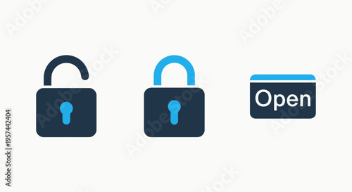 Security and access icons: open lock, close lock, and door open sign for digital and physical entry