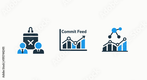 Business data analytics and team scheduling icons: visualizing commit feeds, network metrics, and event cancellations for corporate management
