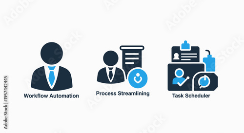 Workflow automation, process streamlining, and task scheduler icons: modern vector graphics for business efficiency and productivity management