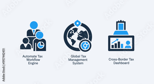 Automated workflow engine, global tax management, and focus metric dashboard icons: business analytics and corporate finance vector graphics