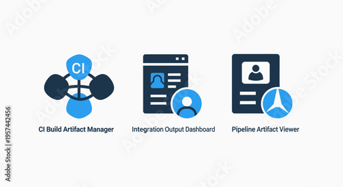 Global admin manager, register input database, and profile access viewer icons: data management and user administration vector graphics