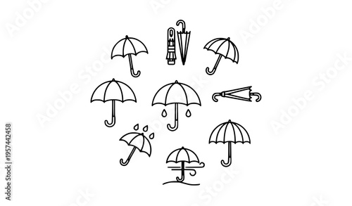 Circular umbrella outline icon collection with rain parasol and folded umbrella editable stroke vector design