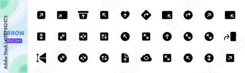 A bold collection of 30 solid glyph icons for navigation and data transfer. Features high-contrast upload, sync, and directional symbols, perfect for intuitive mobile and web UI designs.