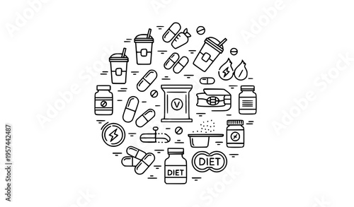 Food supplement and nutrition line icon set with protein vitamins capsules shaker editable stroke vector for web and UI design
