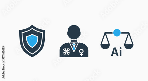 Cybersecurity healthcare professionals and AI legal justice digital flat vector icons for modern services