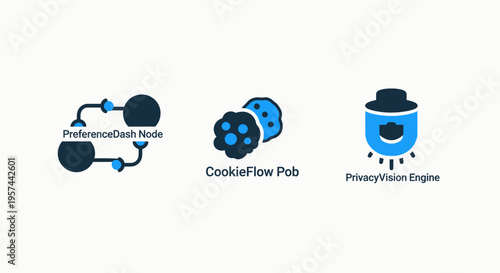 Digital privacy and data security icons featuring preference management, cookie flow, and privacy engine concepts for web, mobile, and secure data handling solutions