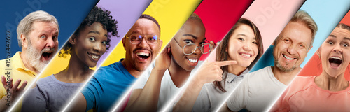 Diverse group of people portraits in diagonal colorful panels banner. Concept of diversity, inclusion, global audience targeting, marketing segmentation and multicultural communication.