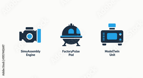 Industrial automation and manufacturing technology: icons representing assembly engines, factory pods, and digital twin simulation units
