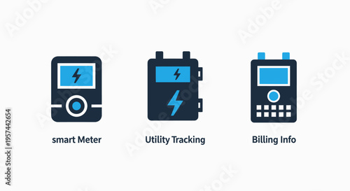 Smart meter, utility tracking, and billing information icons - digital energy consumption management and financial oversight
