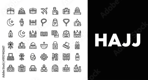Comprehensive set of Hajj and Umrah pilgrimage vector line icons, illustrating Islamic religious journey elements and cultural symbols