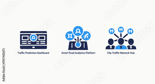 Traffic analytics dashboard, smart city device network, and live data hub icons - urban planning and intelligent infrastructure