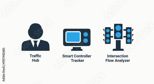 Traffic hub, smart controller tracker, and intersection flow analyzer icons - urban transportation management and data analysis