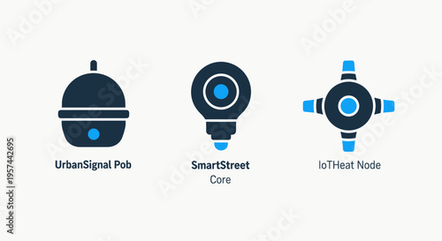 Urban signal pole, smart street wave, and iot traffic hub icons - intelligent city infrastructure and internet of things technology