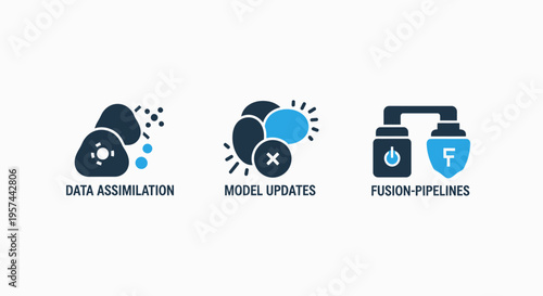 Digital vector icons illustrating data assimilation, model updates, and fusion pipelines for complex technological processes and analysis
