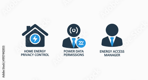 Smart home energy management icons for privacy control, power data permissions, and dedicated account managers