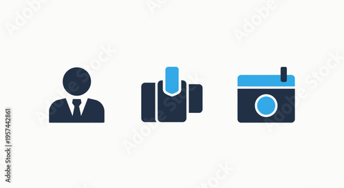 Business administration icons featuring professional personnel, document storage, and organizational filing systems
