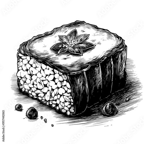 Elegant hand-drawn illustration of a gourmet dessert bar, generously textured with nuts and beautifully garnished with a star anise, a captivating graphic for adobe stock collections