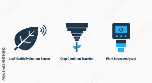 Smart agriculture technology icons: monitoring crop health, plant stress, and growth conditions with modern sensors