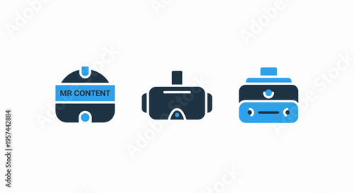 Virtual reality and metaverse experience icons: depicting various headset types for immersive digital content