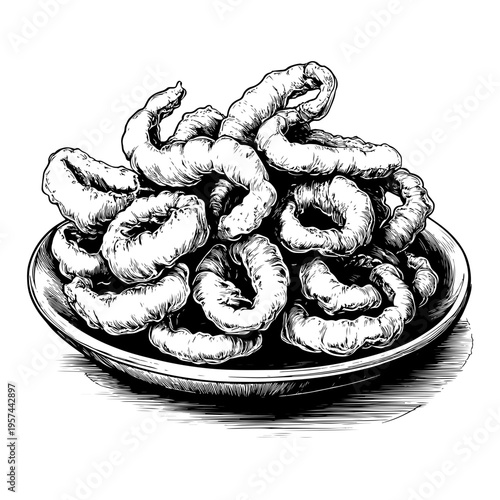 Delicious hand-drawn onion rings, a crispy deep-fried food snack piled high on a plate, ideal for culinary themes and menu graphics, available on adobe stock