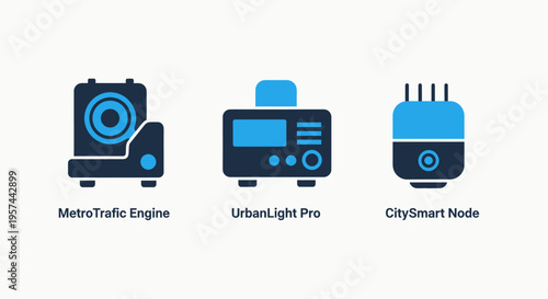 Smart city infrastructure and industrial technology icons: representing urban systems, iot devices, and engine components