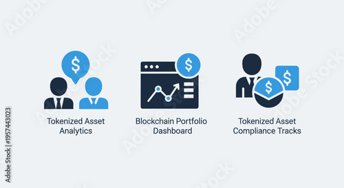 Tokenized asset analytics, blockchain portfolio dashboard, and compliance tracker icons for digital finance solutions