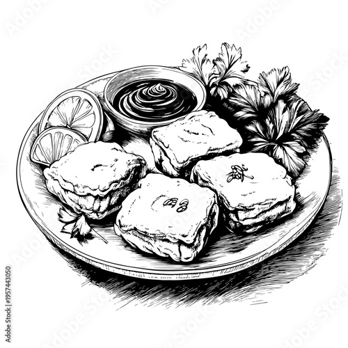 Adobe stock hand-drawn illustration of savory fried rolls with dipping sauce, lemon, and garnish. A delicious culinary sketch portraying Asian street food