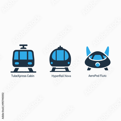 Modern and futuristic public transportation icons set featuring train, subway, and aeropod vehicles for urban travel concepts