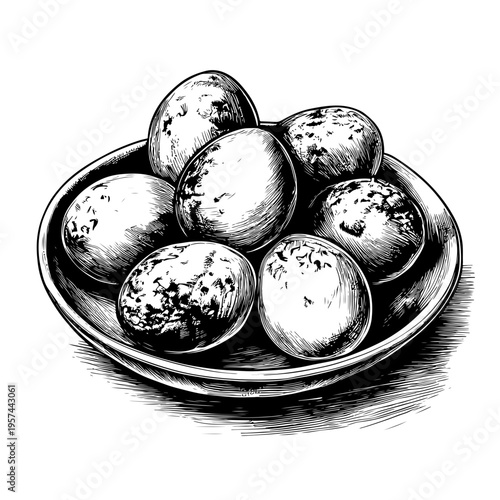 Exquisite hand-drawn illustration of various small speckled eggs in a rustic bowl, a classic food ingredient sketch ideal for adobe stock culinary projects and design