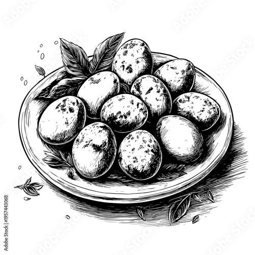 Hand-drawn illustration of savory, rounded food bites on a plate, perfect for traditional Asian or Filipino-inspired culinary content and food blogs on adobe stock