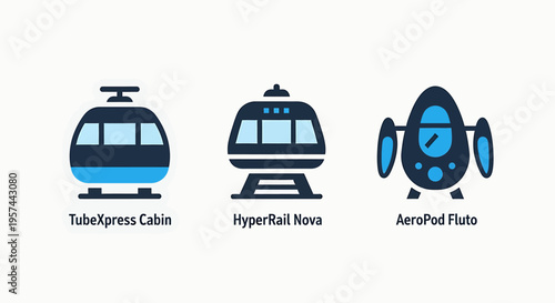 Futuristic public transportation icons featuring tube express cabin, hyper rail nova, and aero pod pluto for advanced travel concepts