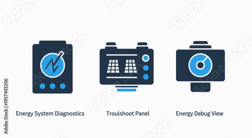 Energy system diagnostics, troubleshoot panel, and debug view icons set for renewable power monitoring and efficiency technology solutions