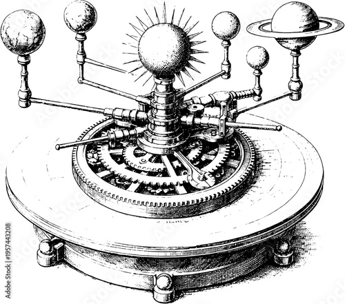 Vintage Orrery Mechanism Engraving – Detailed Antique Solar System Model Illustration